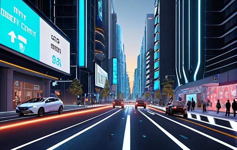 **
* **Prompt:** A futuristic city street scene. Self-driving cars communicate seamlessly using glowing networks. Focus on safety and traffic optimization, showcasing smooth traffic flow and advanced digital signage. Include diverse pedestrians and modern architecture.
**