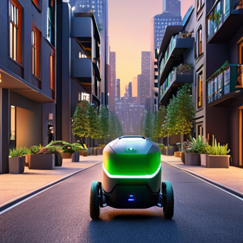 Home 22 **Image Prompt:** A futuristic cityscape at dusk. Autonomous delivery drones and small robots navigate busy streets, delivering packages to apartment buildings. Emphasize the efficiency and eco-friendliness of the autonomous delivery system, showcasing electric vehicles and green spaces. Style: Bright, optimistic, and technologically advanced.