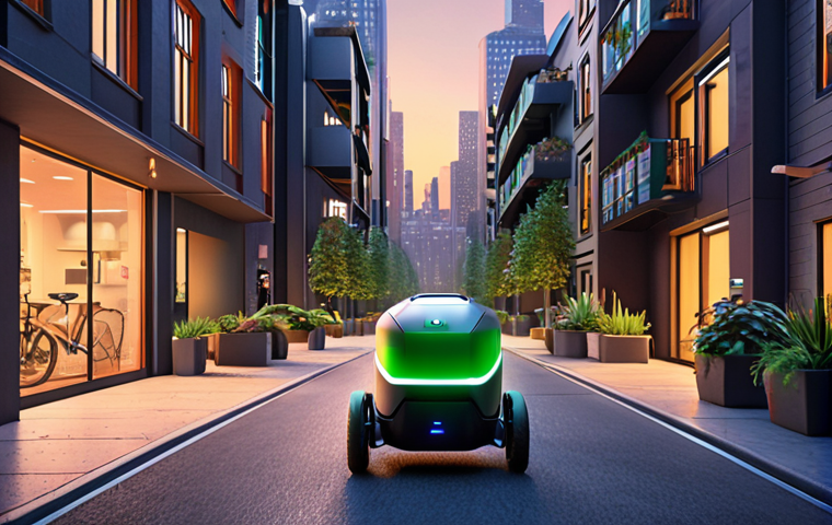 **Image Prompt:** A futuristic cityscape at dusk. Autonomous delivery drones and small robots navigate busy streets, delivering packages to apartment buildings. Emphasize the efficiency and eco-friendliness of the autonomous delivery system, showcasing electric vehicles and green spaces. Style: Bright, optimistic, and technologically advanced.