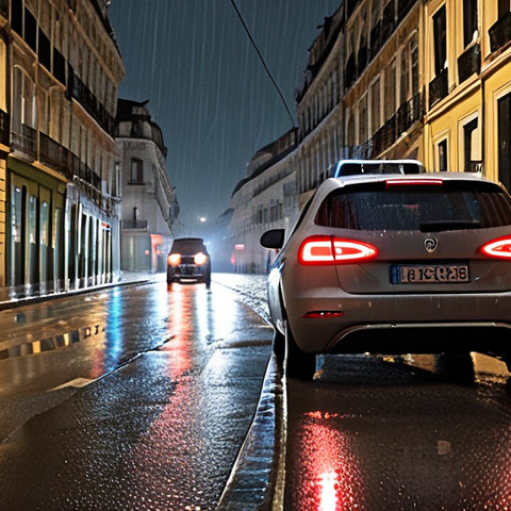 **

Prompt: "Autonomous car struggling to navigate a rain-soaked Lisbon street at night.  Faded road markings barely visible.  Reflections of streetlights and building lights create challenging visibility.  Emphasis on the sensor difficulty and environmental challenges.  In the style of a slightly blurred, realistic photograph."

**