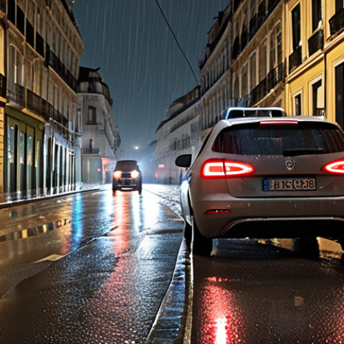 Home 21 **
Prompt: "Autonomous car struggling to navigate a rain-soaked Lisbon street at night. Faded road markings barely visible. Reflections of streetlights and building lights create challenging visibility. Emphasis on the sensor difficulty and environmental challenges. In the style of a slightly blurred, realistic photograph."
**