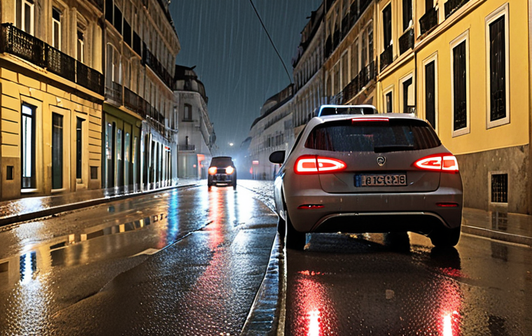 **
Prompt: "Autonomous car struggling to navigate a rain-soaked Lisbon street at night. Faded road markings barely visible. Reflections of streetlights and building lights create challenging visibility. Emphasis on the sensor difficulty and environmental challenges. In the style of a slightly blurred, realistic photograph."
**