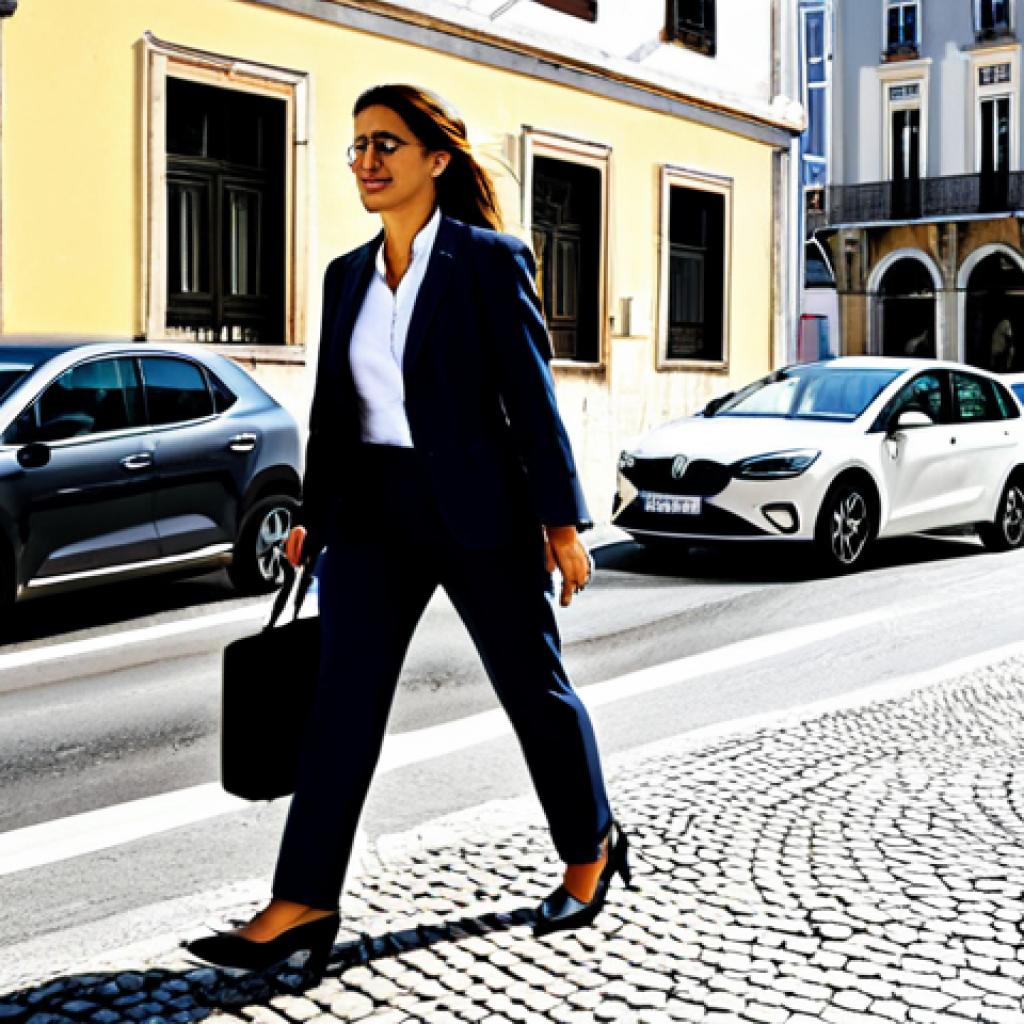 **Prompt:** A bustling Lisbon street scene, featuring a modern, fully clothed businesswoman in a stylish business suit, confidently walking past self-driving electric cars. Background includes traditional Portuguese architecture and a glimpse of the Tagus River. "Safe for work", "appropriate content", "fully clothed", "professional", perfect anatomy, correct proportions, natural pose, high resolution, professional photography.