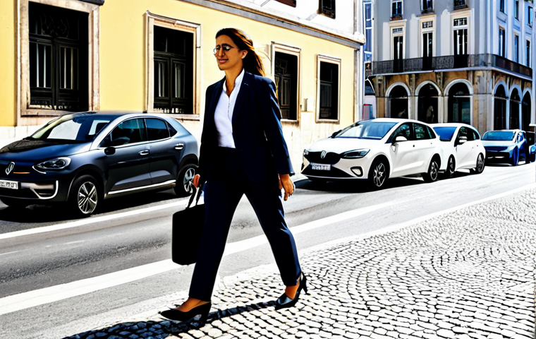 **Prompt:** A bustling Lisbon street scene, featuring a modern, fully clothed businesswoman in a stylish business suit, confidently walking past self-driving electric cars. Background includes traditional Portuguese architecture and a glimpse of the Tagus River. "Safe for work", "appropriate content", "fully clothed", "professional", perfect anatomy, correct proportions, natural pose, high resolution, professional photography.