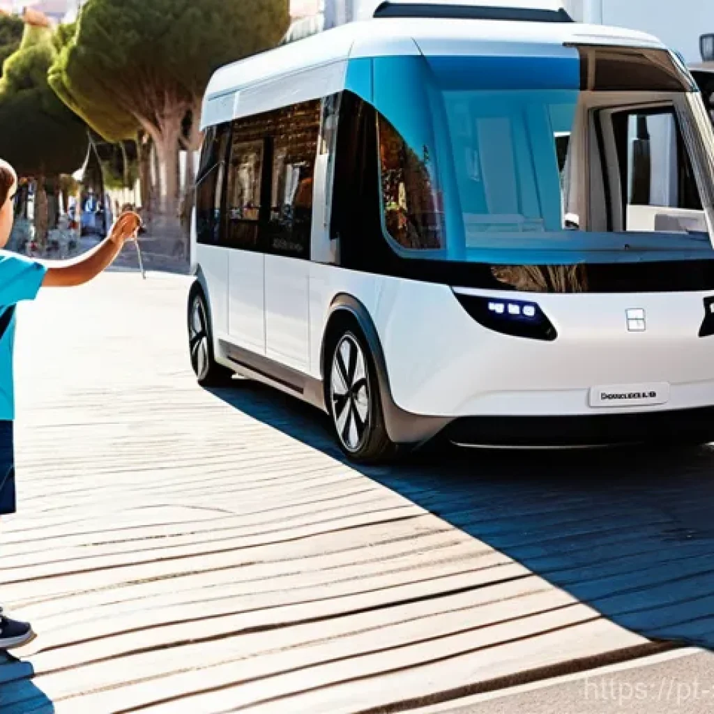 자율주행차의 사회적 수용도 향상 방안 - **Prompt:** A diverse group of Portuguese citizens, including a family with a curious child (around ...