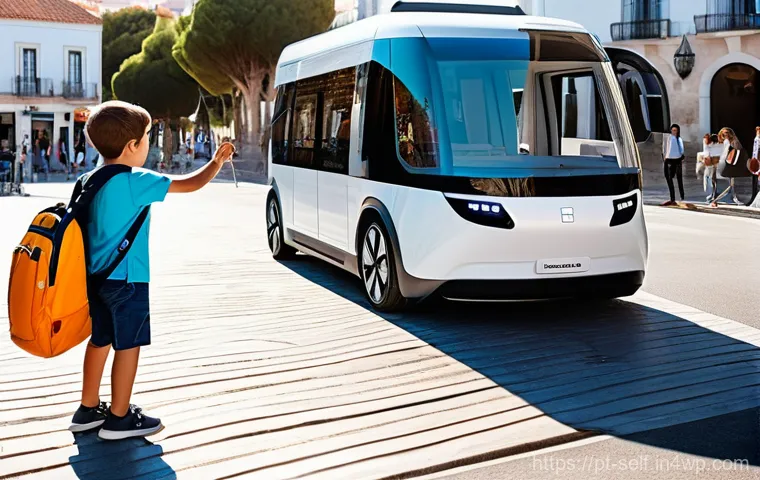 자율주행차의 사회적 수용도 향상 방안 - **Prompt:** A diverse group of Portuguese citizens, including a family with a curious child (around ...