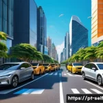 자율주행차의 도로 인프라 요구 사항 - A futuristic Brazilian urban street scene showcasing autonomous vehicles communicating seamlessly th...
