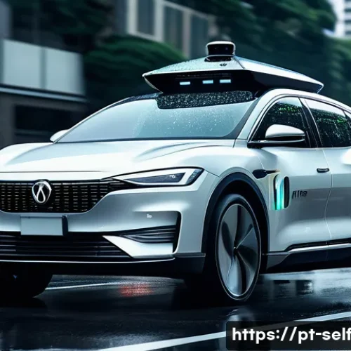 자율주행차의 트렌드와 신기술 탐색 - A futuristic autonomous electric car driving smoothly through a bustling São Paulo city street, equi...