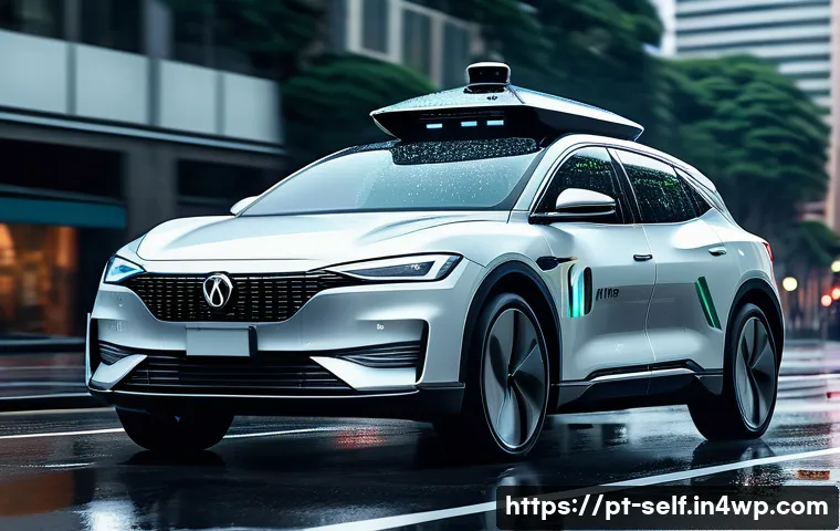 자율주행차의 트렌드와 신기술 탐색 - A futuristic autonomous electric car driving smoothly through a bustling São Paulo city street, equi...