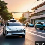 Home 18 자율주행차의 사고 책임 문제 - A futuristic Brazilian urban street scene at dusk, featuring sleek autonomous vehicles navigating sm...
