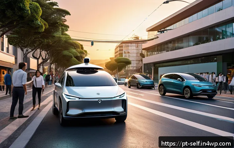 자율주행차의 사고 책임 문제 - A futuristic Brazilian urban street scene at dusk, featuring sleek autonomous vehicles navigating sm...