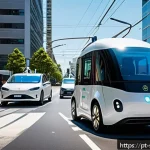 Home 23 자율주행차와 사회적 영향 평가 - A busy Brazilian urban street scene showcasing autonomous electric vehicles in operation, featuring ...
