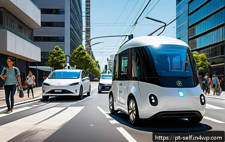 자율주행차와 사회적 영향 평가 - A busy Brazilian urban street scene showcasing autonomous electric vehicles in operation, featuring ...