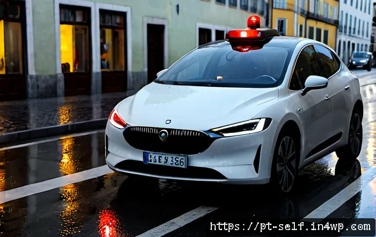 Home 17 자율주행차의 비상 상황 대응 기술 - Photorealistic autonomous electric car performing an emergency stop before a pedestrian crossing on ...