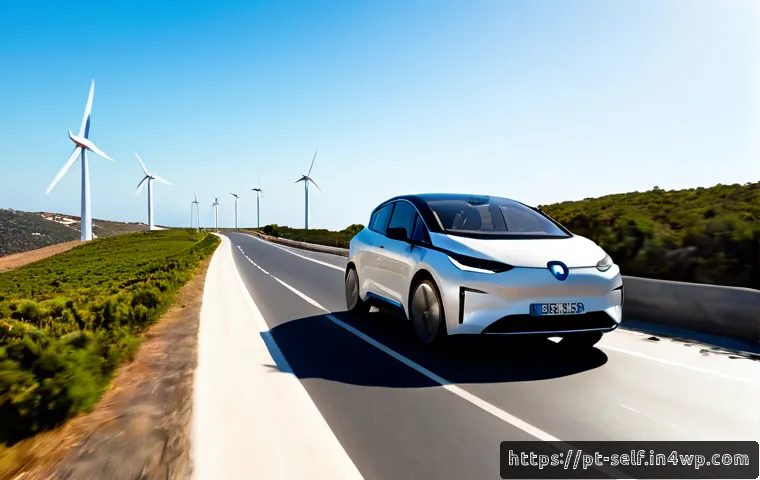 자율주행차의 환경 친화적 기술 - Photorealistic autonomous electric car driving quietly along a sunlit coastal road in Portugal, roof...