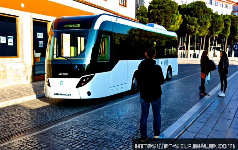 Home 17 자율주행차와 인프라 공유 경제 모델 - Photorealistic wide-angle scene of a sleek autonomous electric shuttle arriving at a modern Lisbon c...