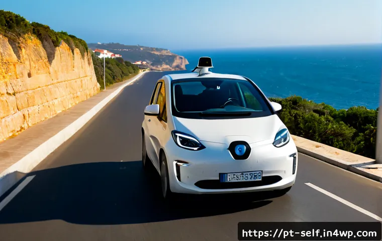Home 17 자율주행차의 작동 원리 - Photorealistic autonomous electric car driving safely along a sunlit coastal road in Portugal, clean...